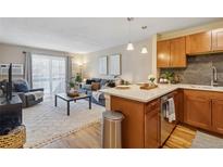 Open-concept living area with modern kitchen, natural light, and sleek furnishings at 1410 York St # 35, Denver, CO 80206