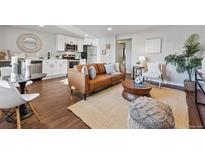 A comfortable living room featuring a modern brown sofa, area rug, and a view into the kitchen with stainless steel appliances at 1275 Winona Ct # B, Denver, CO 80204