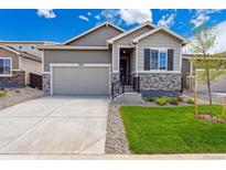 Charming single Gathering home with stone accents, attached garage, manicured lawn, and beautiful landscaping at 19060 E 96Th Pl, Commerce City, CO 80022