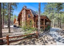 Charming log home with brick chimney and covered porch nestled among trees at 17940 Smugglers Rd, Monument, CO 80132