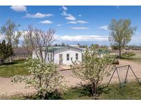 Charming white home with green roof, surrounded by trees and a swing set at 17445 County Road 6, Brighton, CO 80603