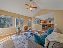 Bright living room featuring hardwood floors, modern furniture, ceiling fan, and natural light at 4228 Scenic Village Dr, Evergreen, CO 80439