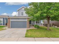 Charming two-story home features blue siding, brick accents, and an attached two-car garage at 15762 Olmsted Pl, Denver, CO 80239