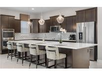 Modern kitchen boasts dark cabinets, a large island with bar stools, and stainless steel appliances at 11193 Mission Walk St, Parker, CO 80134