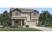 Inviting two-story home featuring neutral siding, a two-car garage, and a well-maintained front lawn at 6312 Las Conchas Pt, Parker, CO 80134