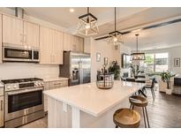 Bright kitchen featuring a large island, stainless steel appliances, and modern pendant lighting at 8711 E Hampden Ave # 26, Denver, CO 80231
