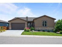 Beautiful one-story home featuring a manicured lawn, tasteful landscaping, and attached two-car garage at 11136 Sweet Cicely Dr, Parker, CO 80134
