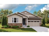 Charming single-story home showcasing a stone facade and an attached two car garage, all surrounded by a lush green lawn at 1363 Lumber Ridge S Cir, Erie, CO 80516