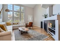 Bright living room with large windows, vaulted ceilings, modern fireplace, and stylish contemporary furnishings at 8300 Fairmount Dr # Aa102, Denver, CO 80247