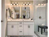 Bright bathroom featuring double vanity with sleek black hardware and a glass enclosed shower with white subway tile at 6410 Silver Mesa Dr # B, Highlands Ranch, CO 80130