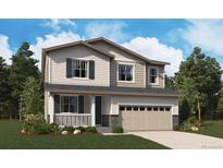 Charming two-story home featuring a covered porch, attached two-car garage, and professionally landscaped yard at 45921 Wood Thrush Ave, Bennett, CO 80102