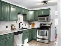 Charming kitchen features stainless appliances, modern countertops, and sage-colored cabinets at 2610 Poplar St, Denver, CO 80207