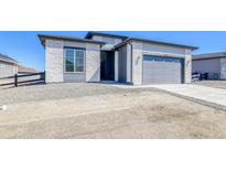 Modern home exterior with stone accents, a gray garage door, and a xeriscaped front yard at 22097 E Rockinghorse Pkwy, Aurora, CO 80016