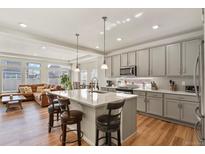 Modern kitchen with a large island, pendant lighting, and stainless steel appliances at 4478 Riviera Ct, Aurora, CO 80019