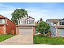 Charming two-story home with a well-manicured lawn, gray siding, brick accents, and an attached two-car garage at 3528 Morning Glory Dr, Castle Rock, CO 80109