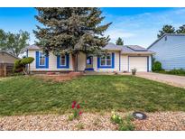 Charming single-story home boasts blue trim, a well-manicured lawn, and mature tree shading the front yard at 10007 Bryant St, Denver, CO 80260