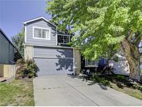 Charming two-story home with a well-manicured lawn, mature tree, and a gray two-car garage at 11303 Vernon Way, Parker, CO 80134
