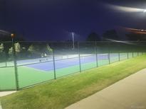 Outdoor tennis courts with blue and green surface, enclosed by a black chain link fence and illuminated at night at 7455 E Quincy Ave # 204, Denver, CO 80237