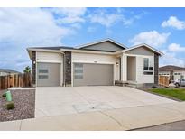 Charming single-Gathering home boasting a three-car garage, and modern architectural design with stone accents at 1592 Maggie Mae Ln, Castle Rock, CO 80104
