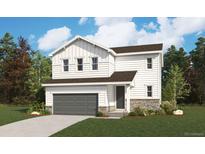 Charming two-story home with vertical siding, stone accents, and a gray garage door at 4464 Boone Cir, Brighton, CO 80601