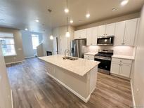 Modern kitchen features stainless steel appliances, white cabinets, and a granite island at 8428 Galvani Trl # D, Littleton, CO 80129