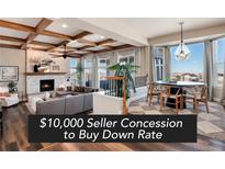 Bright living room boasts a coffered ceiling, fireplace, and an open floor plan that flows into the dining area at 27319 E Nova Cir, Aurora, CO 80016
