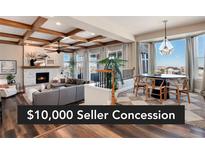 Spacious living room featuring a stone fireplace, coffered ceilings, and bright windows at 27319 E Nova Cir, Aurora, CO 80016