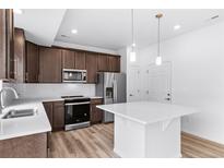 Modern kitchen with stainless steel appliances, island, and lots of storage space at 1182 Sugarloaf Ln, Erie, CO 80516