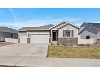 Beautiful single-Gathering home featuring a well-manicured lawn, three-car garage and stone facade at 5611 Saddle Skirt St, Parker, CO 80134