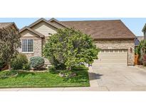 Charming home featuring a stone facade, manicured lawn and a mature front yard tree at 13385 Jasmine St, Thornton, CO 80602