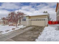 Charming single-Gathering home featuring an attached two-car garage and snow-covered front yard at 4211 Miners Candle Pl, Castle Rock, CO 80109