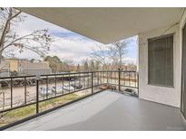 A cozy balcony with black wrought iron railings provides a private outdoor space with neighborhood views at 2325 S Linden Ct # 201, Denver, CO 80222