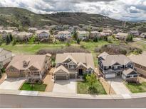 Stunning aerial view of suburban homes boasting meticulous landscaping and mountain views under a cloudy sky at 5010 Persimmon Ln, Castle Rock, CO 80109