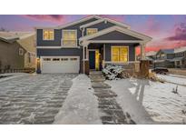 Two-story home with gray siding, brick accents, and a snowy front yard at 3272 Brushwood Dr, Castle Rock, CO 80109