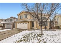 Inviting two-story home with a two car garage and well-maintained landscaping in a suburban neighborhood at 9241 Roadrunner St, Highlands Ranch, CO 80129