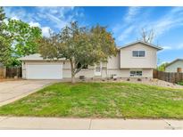 Charming gray home with a two-car garage, lush lawn, and a beautiful tree in the front yard at 13134 Deneb Dr, Lone Tree, CO 80124