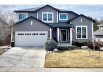 Charming two-story home featuring a gray exterior, white trim, attached garage, and well-manicured front yard at 9925 Keenan St, Highlands Ranch, CO 80130