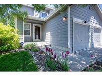 Charming home exterior featuring a well-manicured lawn and beautiful flower beds along the front walkway at 7871 Ogden Ct, Denver, CO 80229