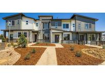 Modern townhome exteriors with stylish gray and white facade, stone accents, and landscaped front yards at 14578 W 90Th Ln # B, Arvada, CO 80005