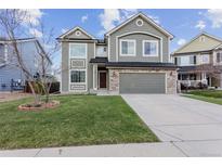 Charming two-story home with a well-manicured lawn and attached two-car garage at 134 Laramie Ct, Castle Rock, CO 80104