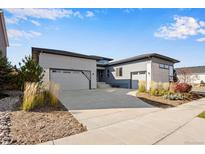 Contemporary two-story home with a spacious driveway and beautifully landscaped front yard at 14393 Hop Clover Trl, Parker, CO 80134