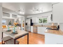Bright kitchen features stainless steel appliances, butcher block countertops, and a breakfast nook with modern lighting at 602 Birch St, Broomfield, CO 80020