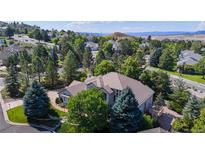 Expansive aerial view of a home nestled within a lush, green landscape and mature trees under a sunny sky at 1977 Champions Cir, Castle Rock, CO 80104