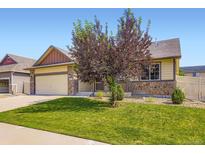 Charming home with a well-manicured lawn, stone accents, and a lovely tree enhancing its curb appeal at 5770 Waverley Ave, Firestone, CO 80504