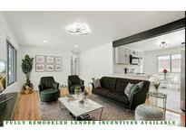 Bright living room featuring hardwood floors, modern lighting, and stylish green furniture at 3081 Zion St, Aurora, CO 80011