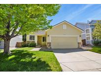 Charming single-Gathering home featuring a well-maintained lawn and attached two car garage at 9860 Burberry Way, Highlands Ranch, CO 80129