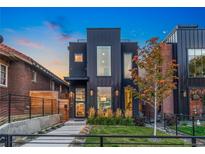 Modern black home with large windows, professional landscaping, and a concrete walkway leading to the front door at 3709 Tejon St, Denver, CO 80211