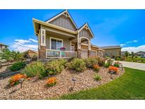 Charming home featuring well-manicured front yard with decorative rocks and colorful flowers at 5439 Innisbrook Loop, Elizabeth, CO 80107