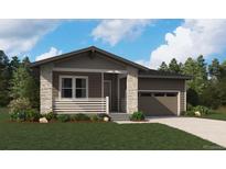 Charming single-story home with stone accents, a covered porch, and an attached two-car garage at 45933 Wood Thrush Ave, Bennett, CO 80102