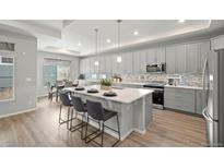 Bright, open kitchen featuring a spacious island, modern gray cabinets, and stainless steel appliances at 5108 N Quatar St, Aurora, CO 80019